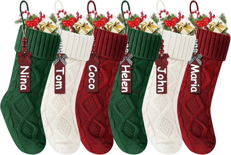 Doitory Store Christmas Stockings 18 Inches,Long Knitted Stocking with Name Tags, Christmas Decoration Hanging Stockings Fireplace Xmas Tree Ornaments for Home Family - Image 1